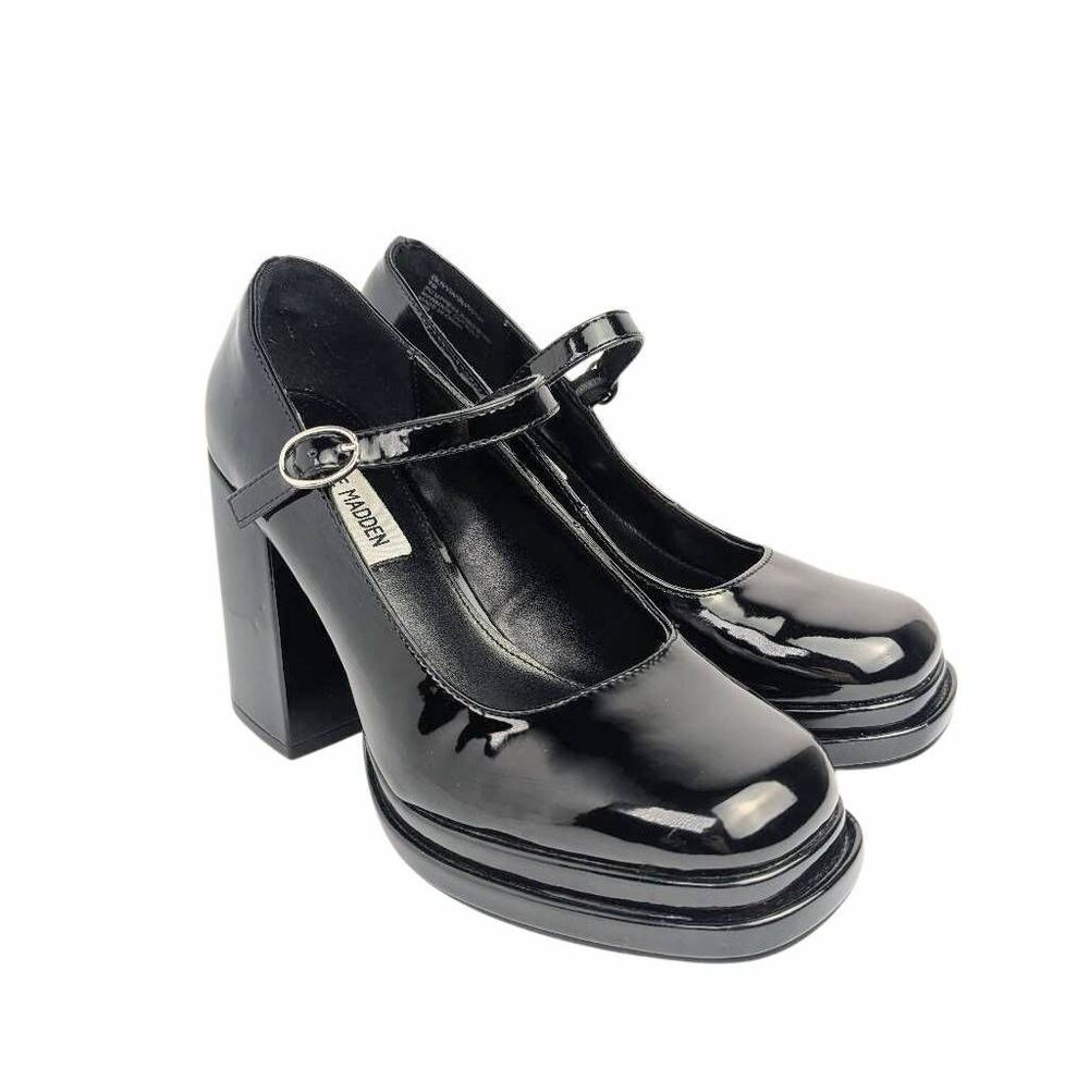 Steve Madden Black patent Mary Jane platform square toe block heel womens 7